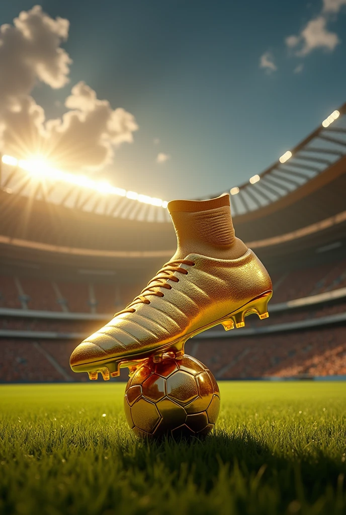 Golden Boot in Brazil , with ball, and a stadium, super radiant luxury illuminating