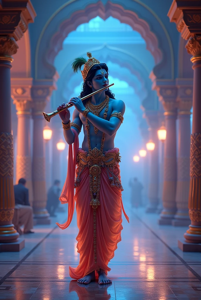 Lord Krishna with flute standing in night in neon in palace 