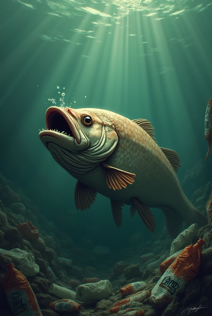 Illustration of a fish struggling to live in polluted water that was caused by human activity like toxic waste in domestic activity
