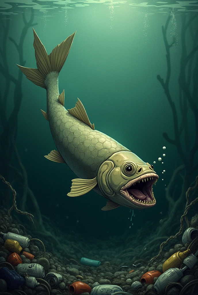Illustration of a fish struggling to live in polluted water that was caused by human activity like toxic waste in domestic activity
