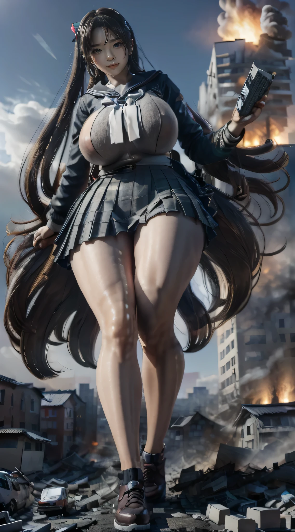 (Giantess Elements, High resolution, high quality, 32K,Accurate body structure, Detailed body), Japanese schoolgirl, Sailor suit, Towering Giant Girl, Very large breasts bigger than a face, Looking up at a woman approaching from below, giant attacks city, cute, girl Destroy a small town, Destroy a small town, Naughty look, Japanese, White skin, smile, trampling buildings, rubble, Burning Small Town, destroyed small building, Collapsed highway, Cars are crushed, Evacuation of residents, sunset, Burning Small Town, please, walk, Trampling, Anatomically correct, Accurate human body, Accurate skeleton, Full body portrait, blue eyes, rubble scattered at feet, taller than a skyscraper, Major impact, wonderful, Giantess Elements, Draw a woman in a big way, The rise of disruptors, making city smaller, rampage, city, building,