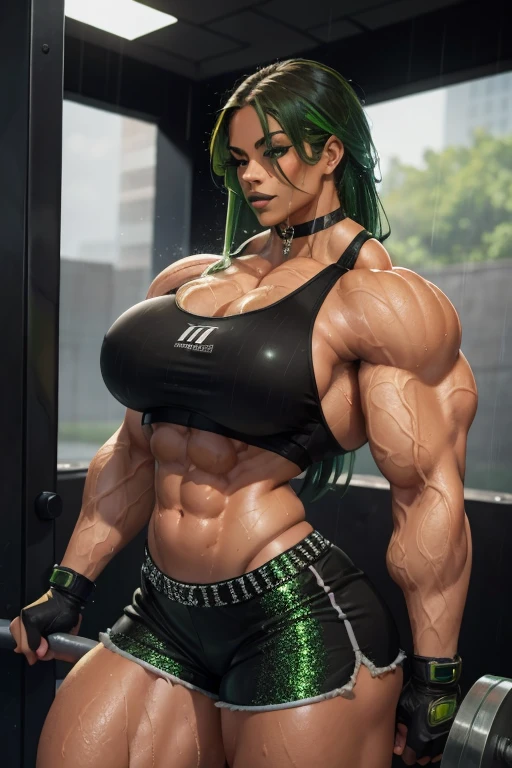 ((Close-up)), tall, (green hair) beautiful muscular woman, long curvy hair, (black lipstick), ((sparkly and wet)), (brown skinned), closed smile, (large breast), (massive muscles), (hyper muscle), (((ginormous bulky muscles))), orange eyes, (black sports bra), (black dolphin shorts), choker, sneakers, (flexing biceps), (fingerless gloves), (flexing biceps), (in a raining weight room),