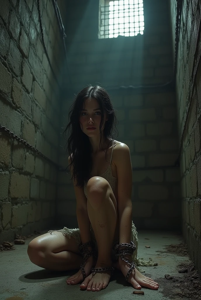 Describe a female slave who is locked up and chained in a fantasy kingdom