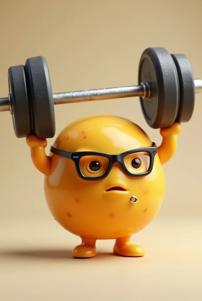 Draw a ball-shaped cheese bread with two arms lifting a gym weight. Make him wear glasses. Don't make him smile. Make him look like he's trying hard to lift the weight. Put a piercing in the cheese bread's chin.. The cheese bread needs to be in the shape of a ball