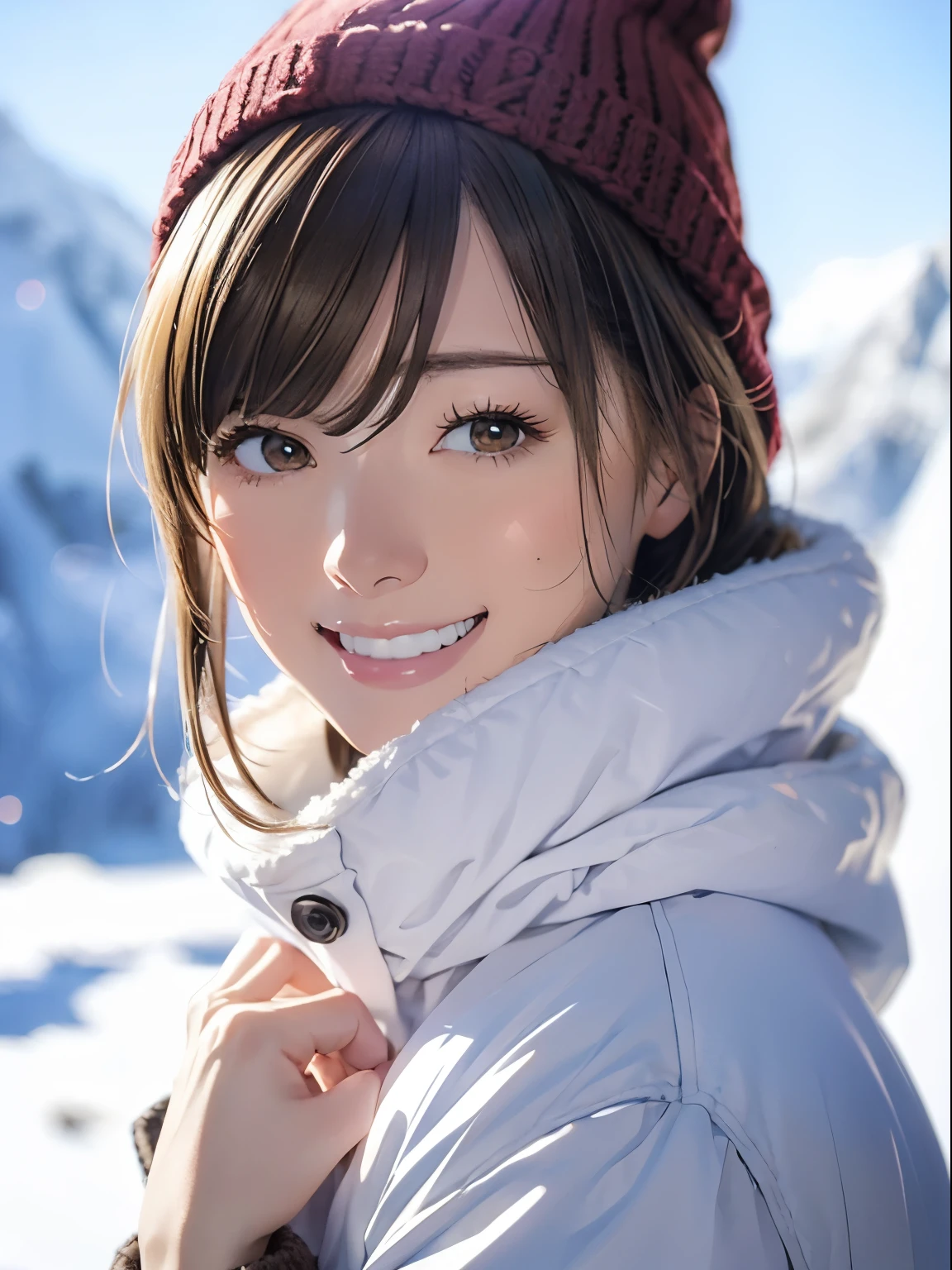 High resolution, 8k, Highest quality, detailed, Semi-realistic anime, Anime 3D Style, Smooth anime CG, One Girl, A 20-year-old Japanese woman, slim, Modeled, Shiny brown hair, detailedな顔, Beautiful and detailed, Glowing Skin, Hard Focus、Film Grain, Soft lighting, Looking at the audience, Laughter, (Winter mountain style with a warm down jacket and knitted hat), A magnificent mountain range covered in pure white snow