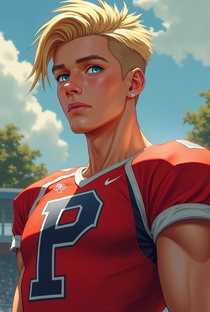 He is a ager with an athletic male body, a toned and sculpted body, straight blonde hair, a toned and muscular body and hair thrown to the side, which is a great charm for women., piercing gaze and the color of his blue eyes picina, man's face and impeccable posture and wears a uniform with red and white on the team jacket and an acronym of the school's name is the letter P for team like the United States, but he likes to run after those who don't want him!. Show me in a more realistic way and in human form. With a half chad face.