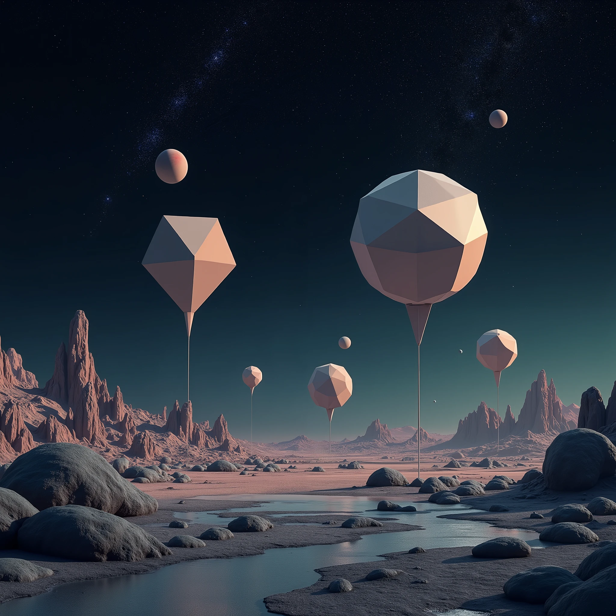 a shot of floating geometrical 3D shapes levitating above ground in close proximity with ground in an alien otherworldly landscape filled with geometrical remnant ruins from an old civilization staying silent guarding the landscape. it is night time with pitch black sky filled with million sharp stars, planets and nebulas making the deep space visible. in the style of IMAX FILMS. surreal world, realistic, photorealism, high resolution, best quality, sharp details, 4K HDR