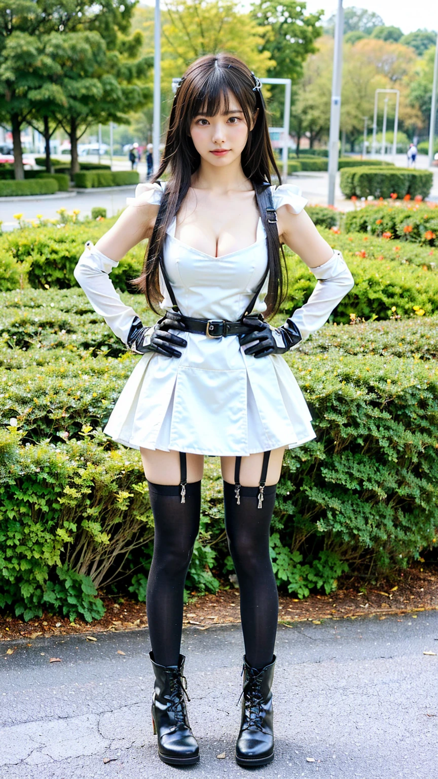 (8k、RAW Photos、Highest quality、masterpiece:1.2)、(Realistic、Realistic)、1 person、((black and white、Cleavage、tights、Gloves、Garter Ring、mini skirt、Thin legs、whole body、boots、View from the front、Looking into the camera、garden、Stand with hands on hips))、cute