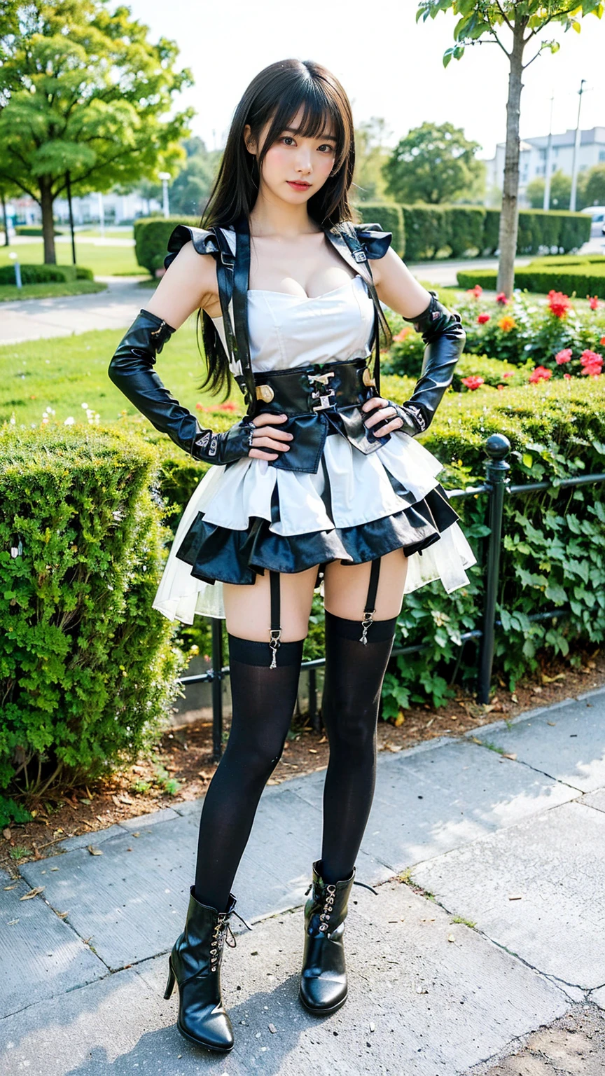 (8k、RAW Photos、Highest quality、masterpiece:1.2)、(Realistic、Realistic)、1 person、((black and white、Cleavage、tights、Gloves、Garter Ring、mini skirt、Thin legs、whole body、boots、View from the front、Looking into the camera、garden、Stand with hands on hips))、cute