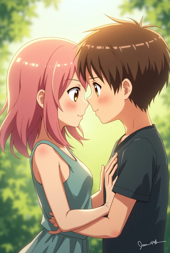 Jujutsu Kaizen screenshot. A happy and tender girl with pink hair and brown eyes next to another boy with brown hair and brown eyes