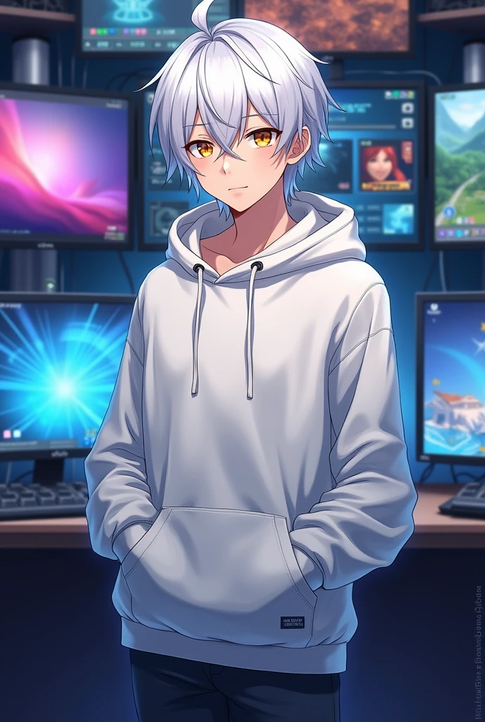 A  Japanese boy with white hair and golden eyes, He's standing in front of a whole gaming set up. Anime. Handsome. Lifting his sweater a bit with one hand. He wears a white hoodsweater. 