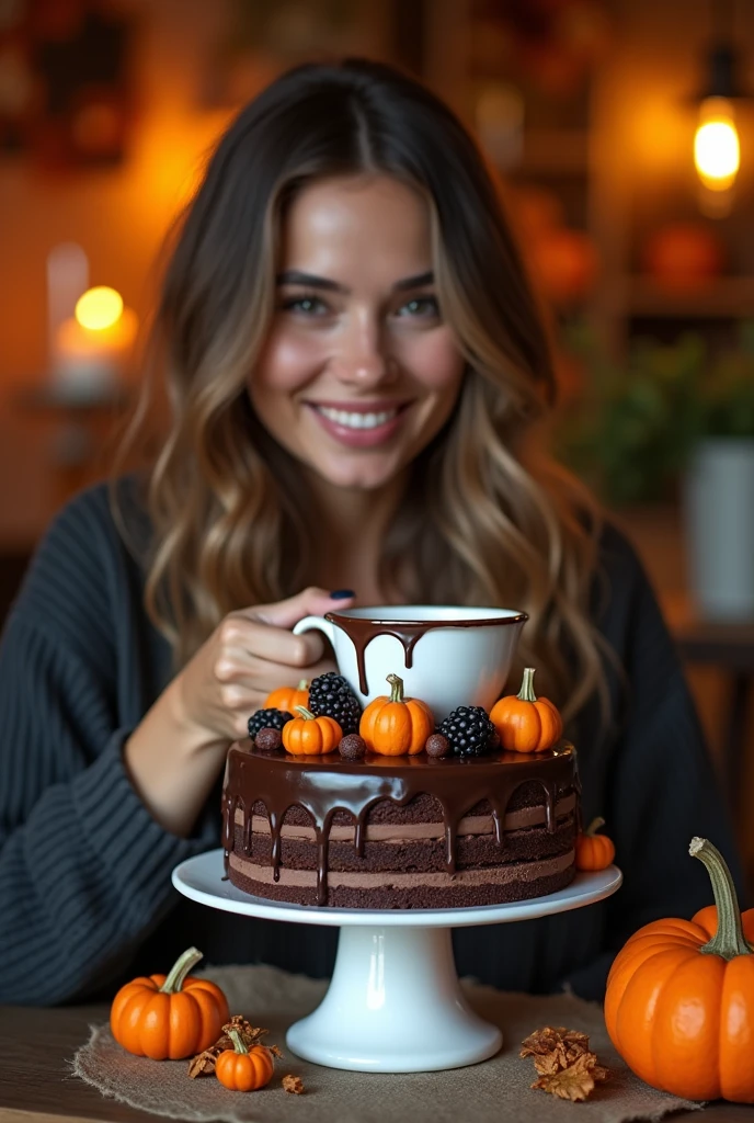 {Exquisitely detailed chocolate cake with a Halloween twist, featuring layers of rich dark chocolate and a thick layer of glossy chocolate ganache dripping elegantly down the sides, topped with mini pumpkins, blackberries, and twisted chocolate decorations, set on a pristine white cake stand. In the warmly lit background, a beautiful woman with long, soft curls is seated at a rustic table, holding a steaming cup of coffee with both hands, her smile serene and welcoming. The room is styled as a cozy Halloween-themed café or living room, filled with soft, ambient lighting from overhead lamps and flickering candles, complemented by autumnal decorations such as small pumpkins, dried leaves, and lush greenery, creating a slightly spooky yet inviting setting. Ultra-realistic 4K close-up, {relaxing Halloween café setting}, Canon EF 50mm f/1.4, shallow depth of field, with a cinematic bokeh effect to keep the focus on the cake and the woman’s relaxed demeanor.}
