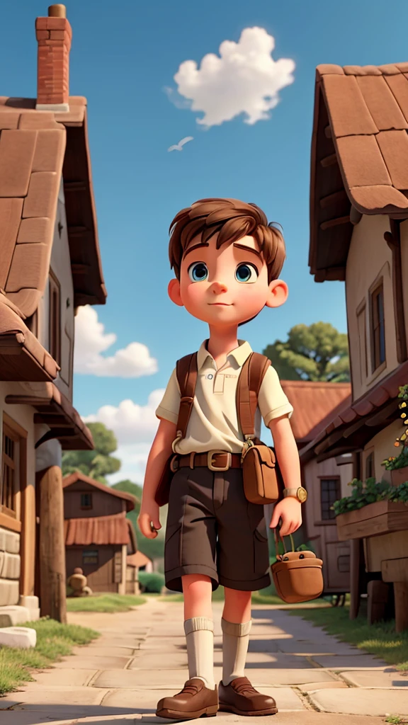 "Finn, a curious young boy with wide, inquisitive eyes, roams through the quaint village, his gaze fixed on the endless sky above, filled with wonder and a sense of adventure."