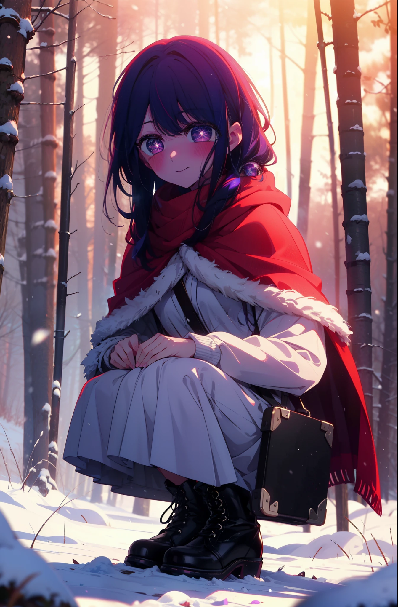 aihoshino, Ai Hoshino, Long Hair, bangs, (Purple eyes:1.1), Purple Hair, (Symbol-shaped pupil:1.5), smile,,smile,blush,white breath,
Open your mouth,snow,Ground bonfire, Outdoor, boots, snowing, From the side, wood, suitcase, Cape, Blurred, , forest, White handbag, nature, Squat, Mouth closed, Cape, winter, Written boundary depth, Black shoes, red Cape break looking at viewer, Upper Body, whole body, break Outdoor, forest, nature, break (masterpiece:1.2), Highest quality, High resolution, unity 8k wallpaper, (shape:0.8), (Beautiful and beautiful eyes:1.6), Highly detailed face, Perfect lighting, Highly detailed CG, (Perfect hands, Perfect Anatomy),