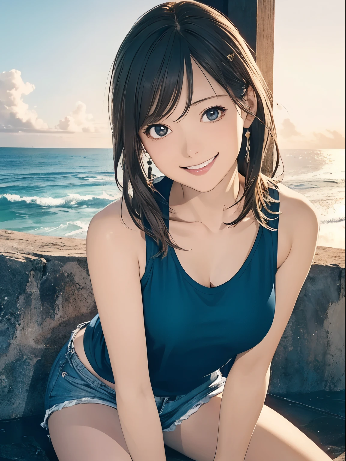 High resolution, 8k, Highest quality, detailed, Semi-realistic anime, Anime 3D Style, Smooth anime CG, One Girl, A 20-year-old Japanese woman, slim, Modeled, Shiny brown hair, detailedな顔, Beautiful and detailed, Glowing Skin, Hard Focus、Film Grain, Soft lighting, Looking at the audience, Laughter, (A woman wearing a casual tank top and shorts), Beach with the sun setting over the ocean、People playing on the edge of the waves々