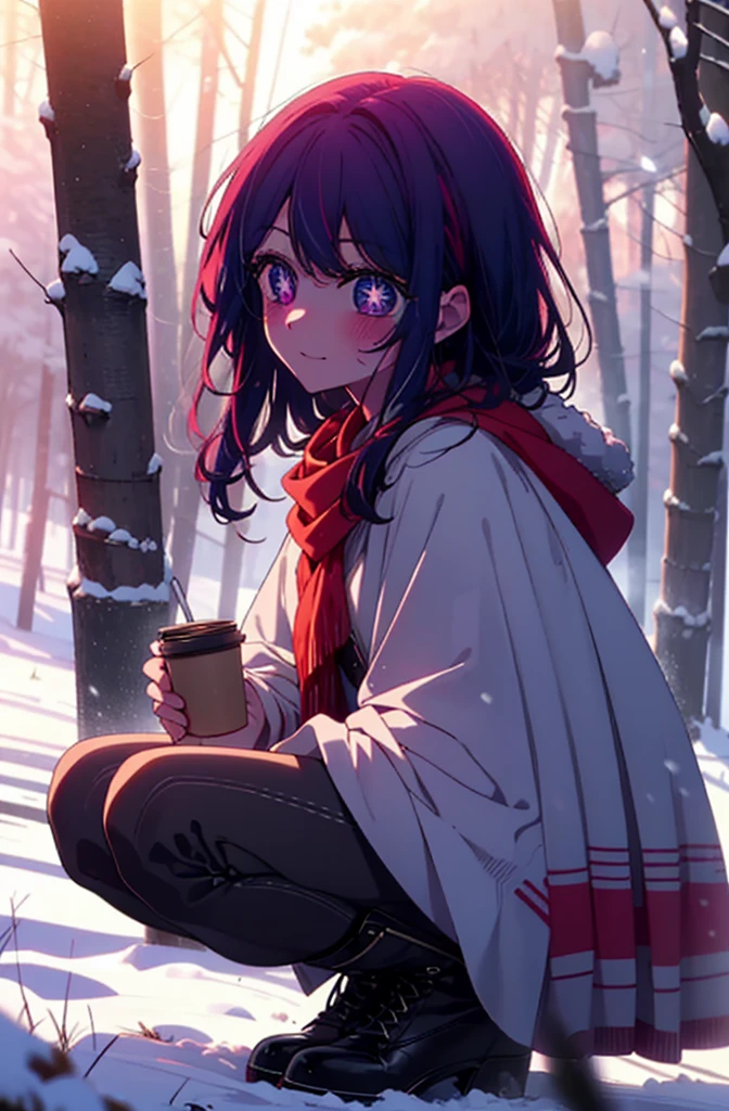aihoshino, Ai Hoshino, Long Hair, bangs, (Purple eyes:1.1), Purple Hair, (Symbol-shaped pupil:1.5), smile,,smile,blush,white breath,
Open your mouth,snow,Ground bonfire, Outdoor, boots, snowing, From the side, wood, suitcase, Cape, Blurred, , forest, White handbag, nature, Squat, Mouth closed, Cape, winter, Written boundary depth, Black shoes, red Cape break looking at viewer, Upper Body, whole body, break Outdoor, forest, nature, break (masterpiece:1.2), Highest quality, High resolution, unity 8k wallpaper, (shape:0.8), (Beautiful and beautiful eyes:1.6), Highly detailed face, Perfect lighting, Highly detailed CG, (Perfect hands, Perfect Anatomy),