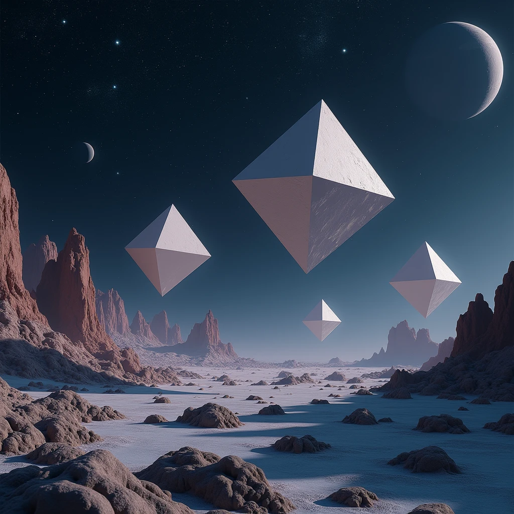a shot of floating geometrical 3D shapes levitating above ground in close proximity with ground in an alien otherworldly landscape filled with geometrical remnant ruins from an old civilization staying silent guarding the landscape. it is night time with pitch black sky filled with million sharp stars, planets and nebulas making the deep space visible. in the style of IMAX FILMS. surreal world, realistic, photorealism, high resolution, best quality, sharp details, 4K HDR