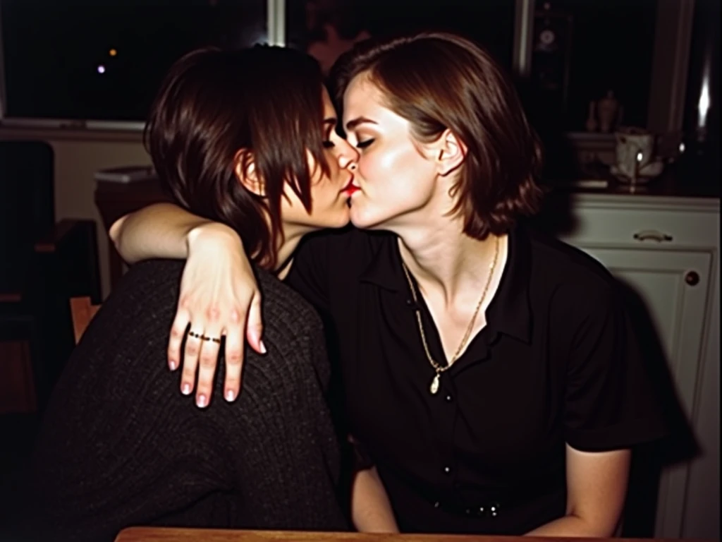 there is a woman that is kissing another woman at a table, inspired by Nan Goldin, in style of nan goldin, by Nan Goldin, taken in the late 1980s, taken in the early 1990s, close up 1 9 9 0, private moment, by Barbara Balmer, kissing together cutely