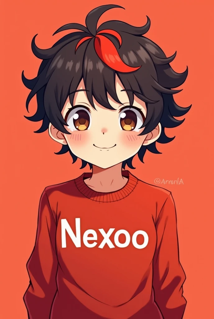 Embarrass me a  he has curly hair and a red stripe in front and he should look like in an anime he has a red sweater with Nexoo written on it in white letters the background should be light red and he has a red stripe in front the background is red he is a boy a little brown eyes