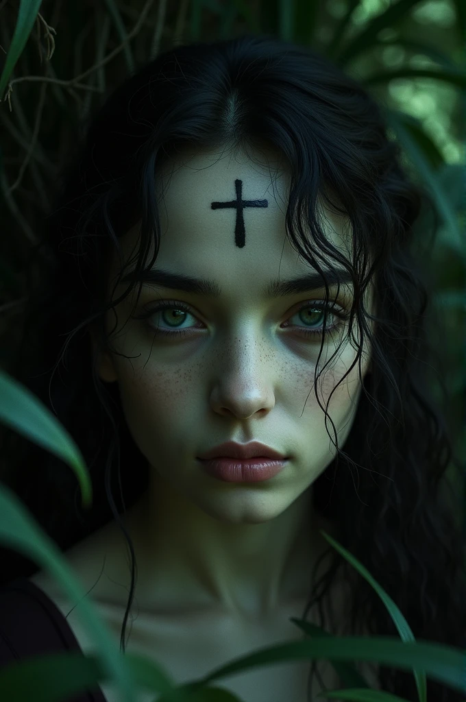 ((best quality)), ((masterpiece)), (detailed), perfect face"Discovery of Laila’s Body": "Generate a realistic, haunting image of Laila’s body hidden deep in the forest. Focus on the lifeless, pale body with the same strange markings as Amani. Use the forest’s dark, tangled undergrowth to partially obscure her body, enhancing the eerie and tragic mood."