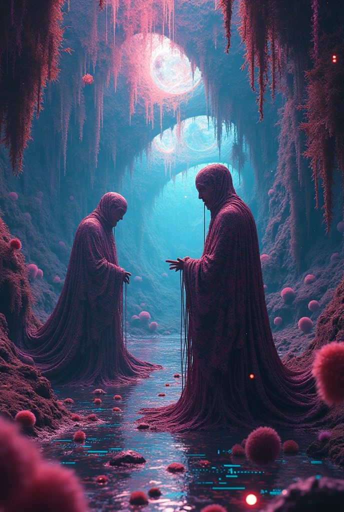 Memes、Surreal、Digital Art、EEG、Information flow、Cultural transmission、Potential awareness、abstract pattern、psychedelic、Neon color、Glitch Art、cyber punk、movie、Super detailed、8k、Realistic、Volumetric、Ray Tracing、Studio Lighting、Colorful colors、psychedelic要素、Viral content、Social Media、Cultural phenomenon