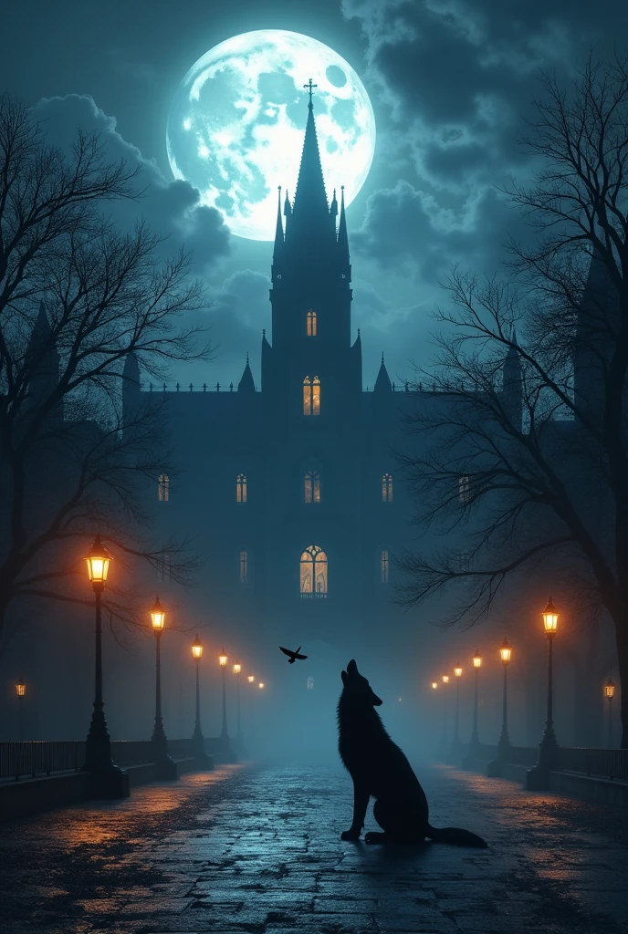 A helovin palace and moon nigth’ wolf howl’ and street trees’ and side lamp’ balck day’ moon sky brigth clounds and ravan  