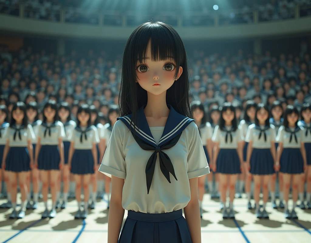 (Japanese Clone-girls=Myself), (Super Best masterpiece Clone-girls Raw Photography Art), (16K, Highest quality, Ultra-high resolution, RAW Photos), (It&#39;s so unrealistic., With unparalleled depiction, With an unfathomable sight, An unprecedented and shocking worldview, Clone-girls: In a world of mass reproduction, Ultra-realistic), (Japanese Girls, 16yo, Small face, Thick black hair, long hair, Dark Eyes, Mature face, かわいいsmile, Smiling face, A gentle gaze, Very pleasant look), (Very beautiful detailed girls, Accurate body structure, Accurate body movements, Very detailed body, (Super big breasts, Large bulge of ample breasts)), (Schoolgirl uniform, Short sleeve, mini skirt, Emphasise the fullness of your breasts), (Very detailed, Myself cloning, Depiction of splitting oneself, 1Myself girl→1,000,000,000,000,000,000,000,000,000,000Myself cloning girls), (Very detailed and intricate, Myself clone-girlsから, Myself&#39;s body is multiplying, A perfectly matched depiction, (In the same female body,With the same face, With the same hairstyle, In the same clothes, At the same height, 同じSuper big breasts)), (Myself girls only), Academy, gym, stage, academic level, Commemorative photo depiction, Group photo, Tiered stage photography, smile, Ultra-wide field of view