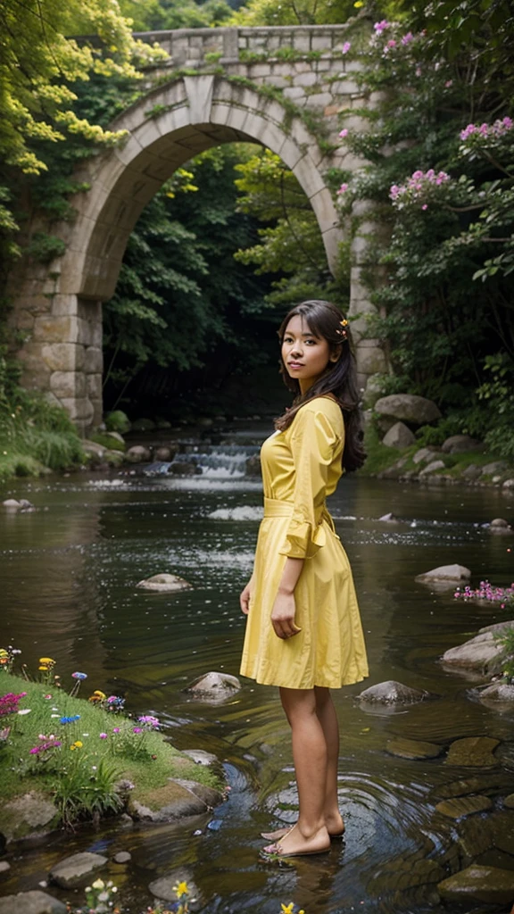 Generate an image of A filipina lady  holding a yellow umbrella standing above a charming stone bridge arching over a babbling brook, with wildflowers blooming along the banks. Cinematic, true colors, wide angled SHOT, highly detailed render, DEPHTS OF field