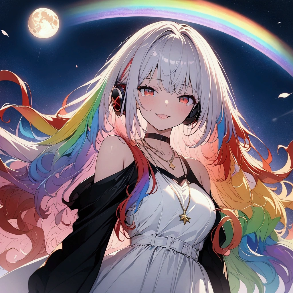 (((anime))) A woman holding a microphone,Gal,Long Hair,(Rainbow Hair),Bangs parted in the center,Black headphones,Necklace Close one eye,((Wink,Red eyes)),Big Eyes,Tear Drop Shoulder Dress,Volume sleeve,night,full moon,star,Backlight,masterpiece,Highest quality,Exquisite,8k,Absurd,Ultra-fine illustrations,(View your audience)