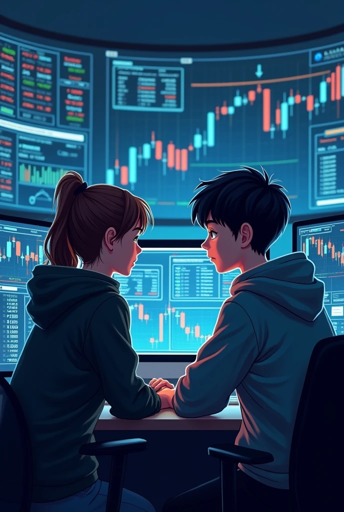 Girl and a boy trade in front of conputer, display trading diagrams on conputer, surronding wall have trading diagrams, both wear hoody ,this image for my telegram channel logo