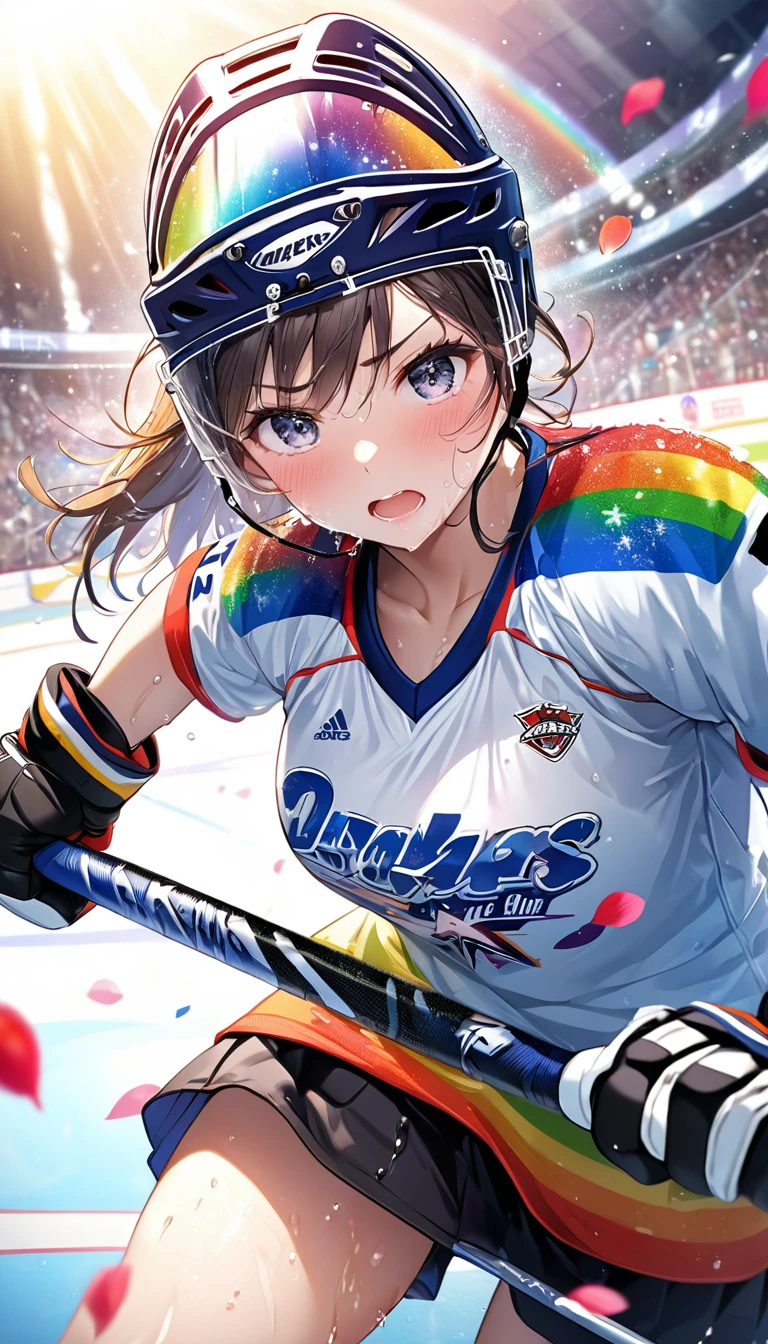 (Sports magazine cover photo), Highest quality, Great quality, 16K, Unbelievably absurd, Very detailed, delicate and dynamic, Natural light, The particles reflect light, Diffuse reflection of light, Many rainbow-colored petals fall, Beautiful hall, Sparkling Sun, Diffuse reflection of light, Create amazing image effects, Hockey girl, Wet, sweating, Ice hockey, Holding hockey stick, Close-up(Cute sexy girl, big bouncing busts, Sensual expression, Cool girl, Serious, passion, Dynamic, Flashy hockey uniform, ,ice hockey helmet, Face guard, audience ,much-air-laden cheer)