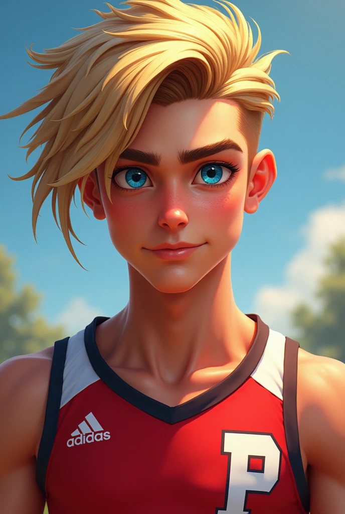He is a ager with an athletic male body, a toned and sculpted body, straight blonde hair, a toned and muscular body and hair thrown to the side, which is a great charm for women., piercing gaze and the color of his blue eyes picina, man's face and impeccable posture and wears a uniform with red and white on the team jacket and an acronym of the school's name is the letter P for team like the United States, but he likes to run after those who don't want him!. Show me in a more realistic way and in human form. With a half chad face.