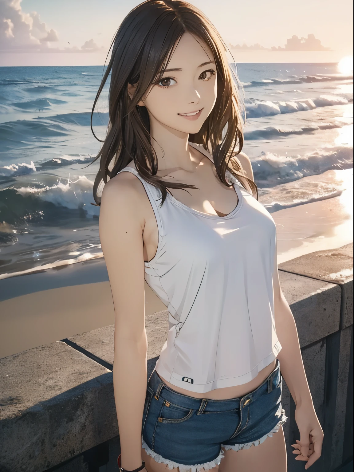 High resolution, 8k, Highest quality, detailed, Semi-realistic anime, Anime 3D Style, Smooth anime CG, One Girl, A 20-year-old Japanese woman, slim, Modeled, Shiny brown hair, detailedな顔, Beautiful and detailed, Glowing Skin, Hard Focus、Film Grain, Soft lighting, Looking at the audience, Laughter, (A woman wearing a casual tank top and shorts), Beach with the sun setting over the ocean、People playing on the edge of the waves々