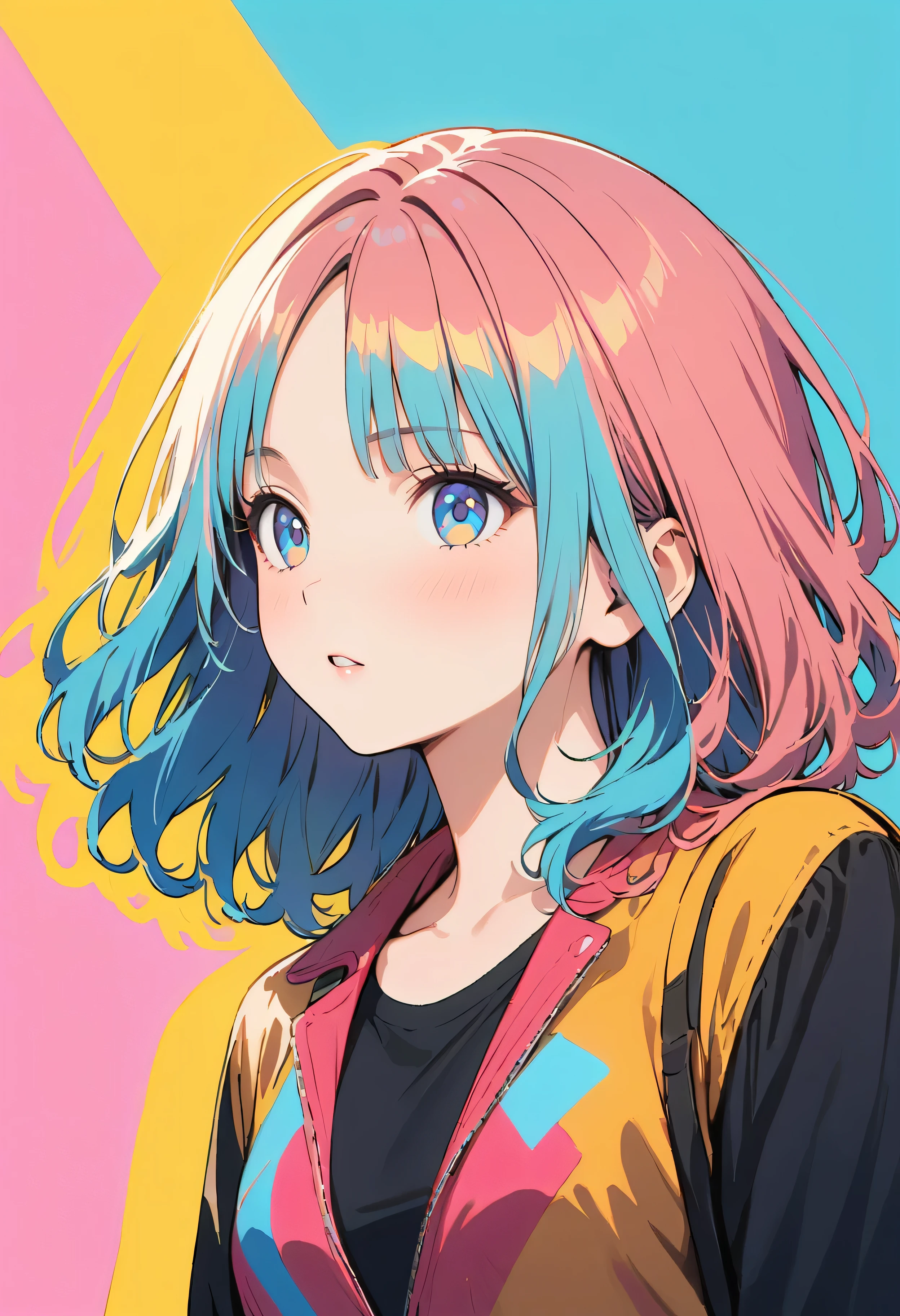 (Highest quality:1.2, City Pop Style, Very detailed, Latest, Vibrant, High Contrast, masterpiece:1.2, Highest quality, Best aesthetics), , ((Face Up Shot:1.4)), Colorful Hair, pastel colour, 1980s style, ((Retro, Vintage, Plain background)), dynamic