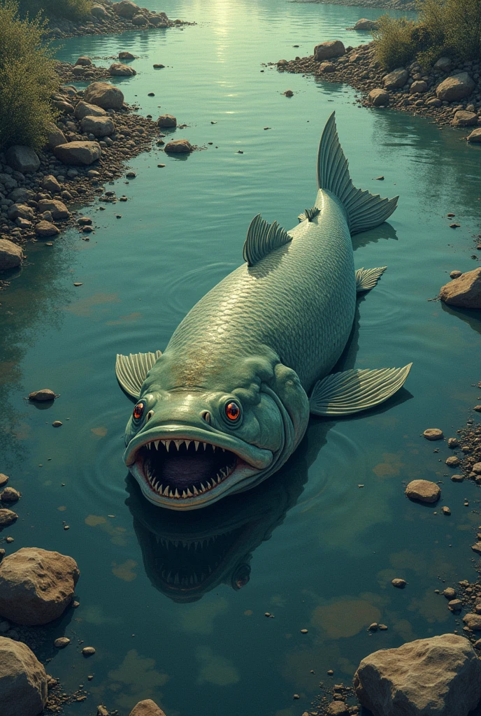 Illustration of a fish struggling to live in polluted river that was caused by human activity like toxic waste in domestic activity