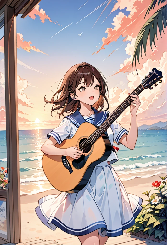 Girl wearing headphones,Brown Hair,1 person,Detailed Background,(sailor uniform:1.2)(play the guitar.sing a song.:1.3)(Summer evening、Beautiful sunset)(beach、Ripple)