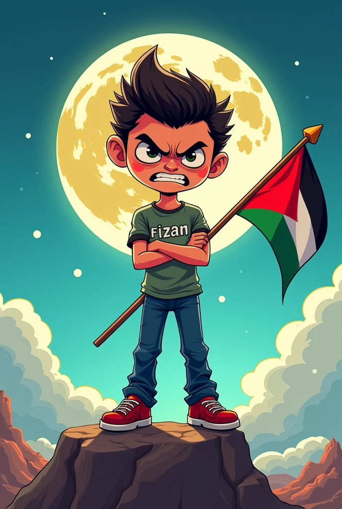 A poster with the name Fizan written on his shirt. A cartoon animation of a handsome boy with a shirt  holding a Palestinian flag on a rock with a moon background with an angry face written with the name Fizan 

