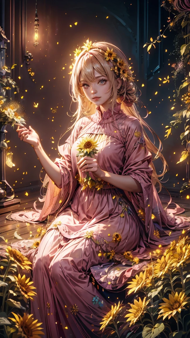 arafed woman in a pink dress laying on a intricate wooden ornate floor surrounded by sunflowers, flower particles, concept art , Artstation contest winner, fantasy art, uhd, goddess. extremely high detail, beautiful sunflower, flower goddess, goddess of summer