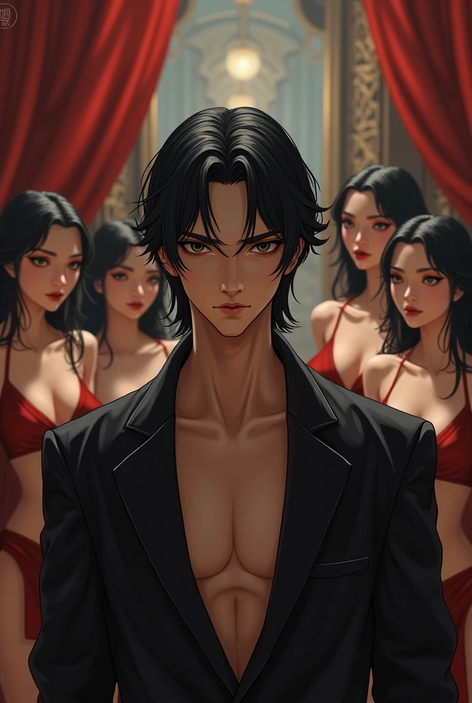 realisti, harem with thin man with medium length black hair.