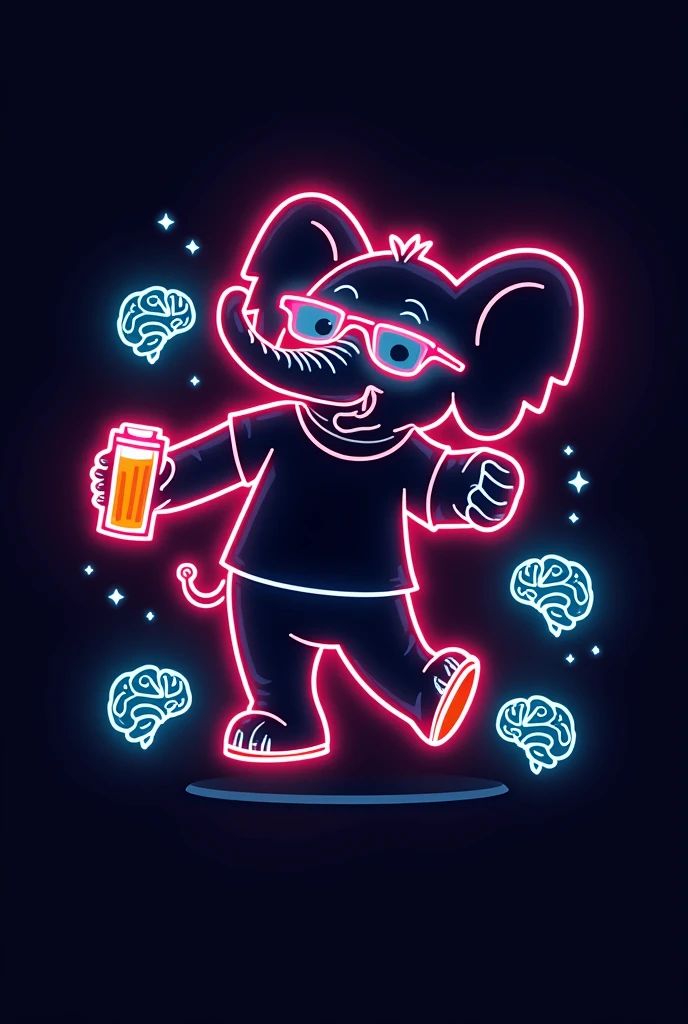 A minimalistic neon-style emblem featuring an elephant outlined with neon lines, wearing a Tuffi T-shirt, holding a beer, and dancing. The elephant is dressed in 70s, 80s, or 90s fashion with trendy glasses. The design is purely an outline with no detailing, surrounded by simple brain icons also outlined in neon, suggesting a psychological theme. The emblem has plenty of open space for adding large text, set against a dark background for a vibrant, party-ready look.