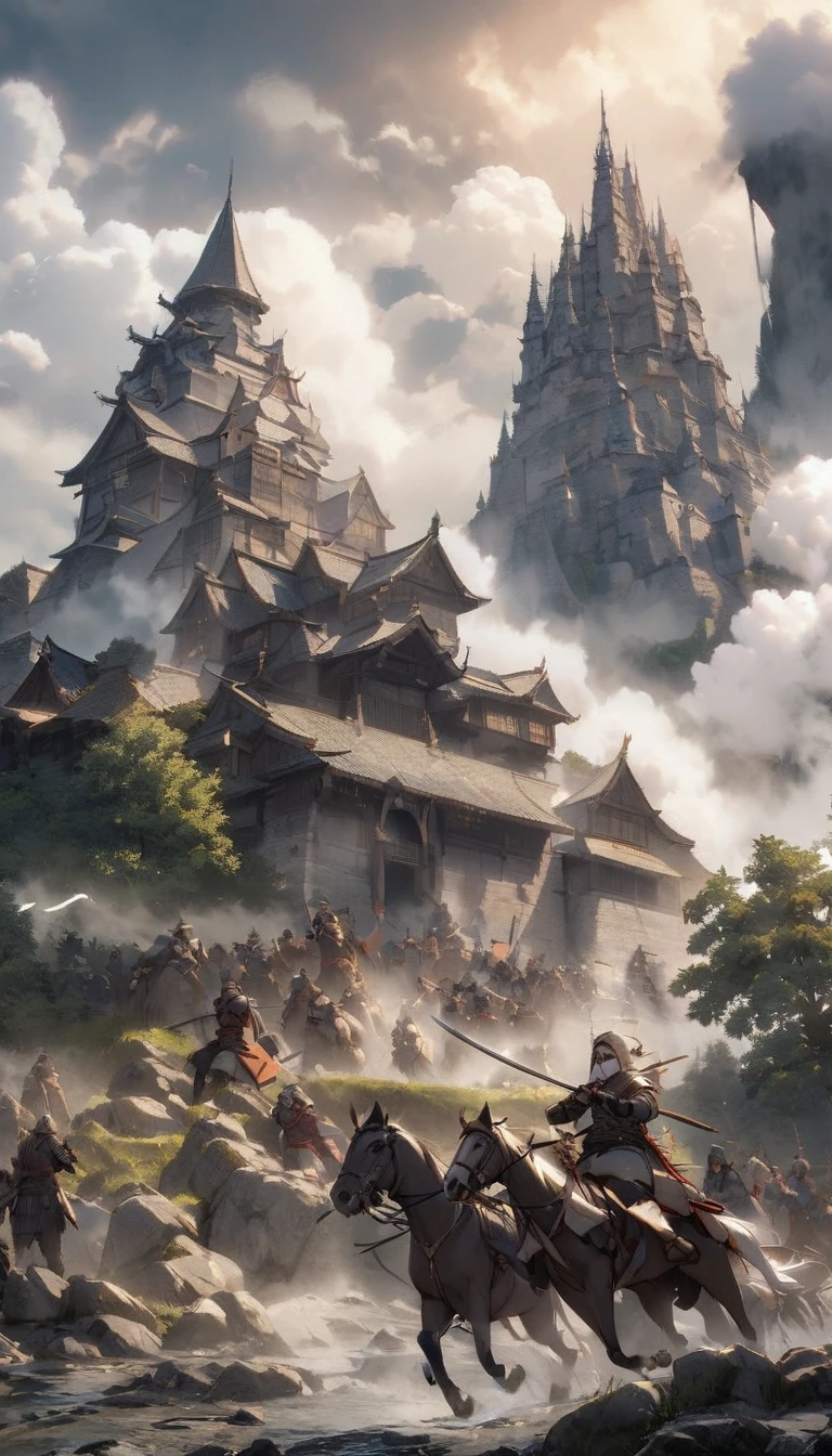 「Battlefields of the Sengoku Period、Samurai fighting scene。Medieval Japan shrouded in mist、Expressing the tension of battle with a magnificent castle