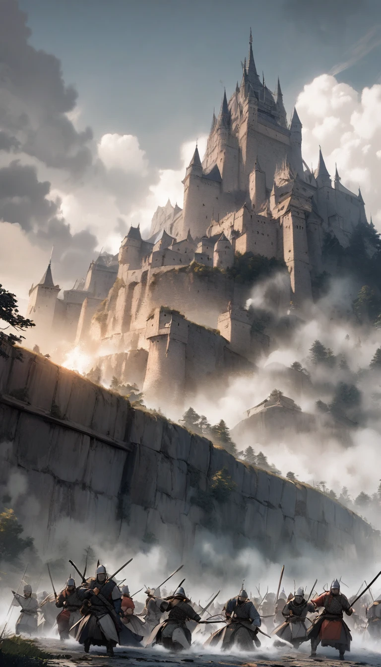 「Battlefields of the Sengoku Period、Samurai fighting scene。Medieval Japan shrouded in mist、Expressing the tension of battle with a magnificent castle