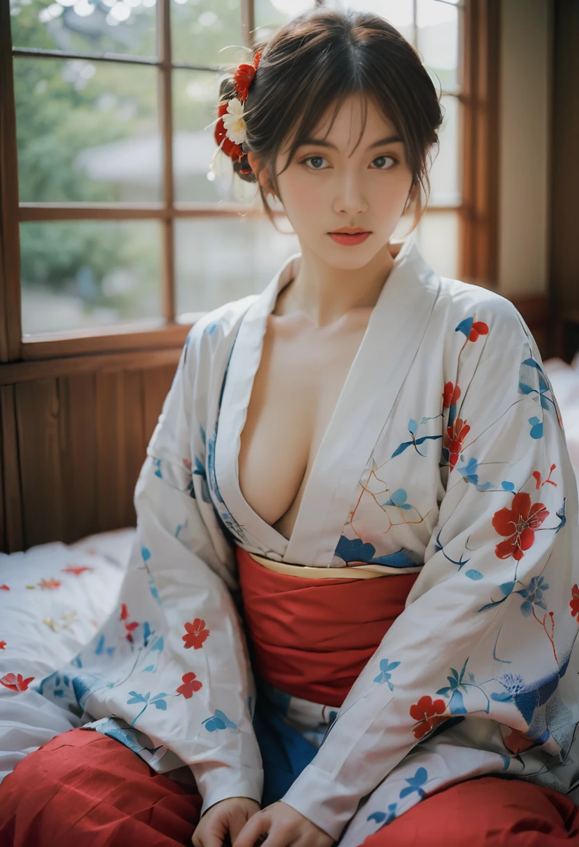 surreal photography,high-resolution portrait, japanese kimono, laying in bed, busty girl, cosplay photography, high-qualitysen photo, meiji schoolgirl uniform, red kimono flower patterns, strapless, british, white skin,whimsical,delicate facial features,shallow depth of field,bokeh effect,