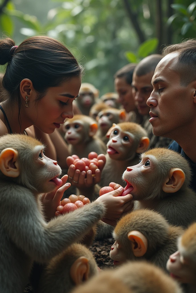 A group of human peoples licking monkeys bump