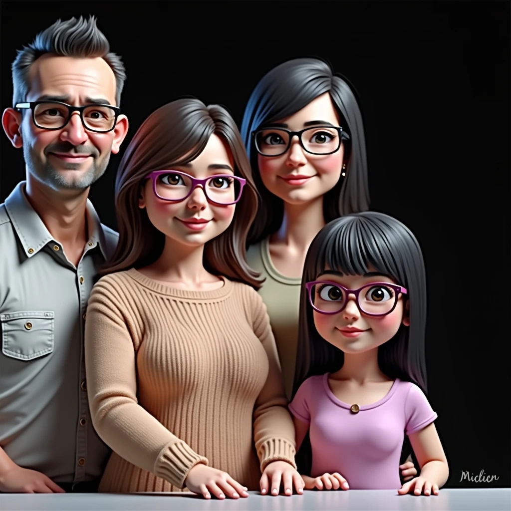 3D realistic caricature drawing.
The family consists of:
A 50-year-old father with very short hair.
A 4 chubby mother with brown hair.
Two teenage girls, with long black hair and glasses.