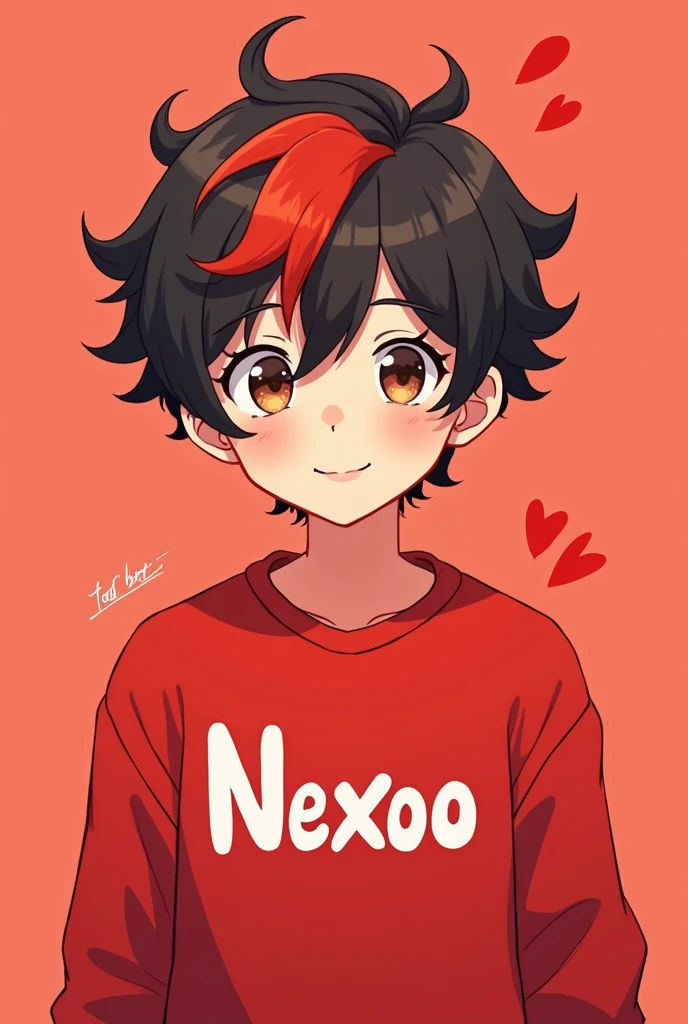 Embarrass me a he has curly hair and a red stripe in front and he should look like in an anime he has a red sweater with Nexoo written on it in white letters the background should be light red and he has a red stripe in front the background is red he is a boy a little brown eyes