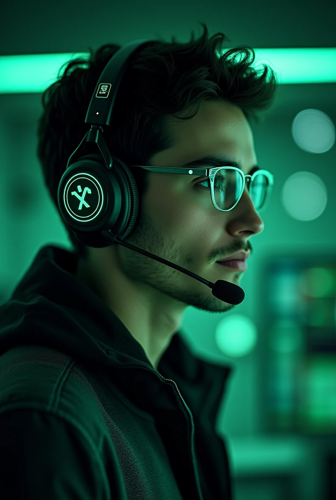 Create an image with a tech support headset and an internet ont, below written in bold text Proactive FiberX in black and green