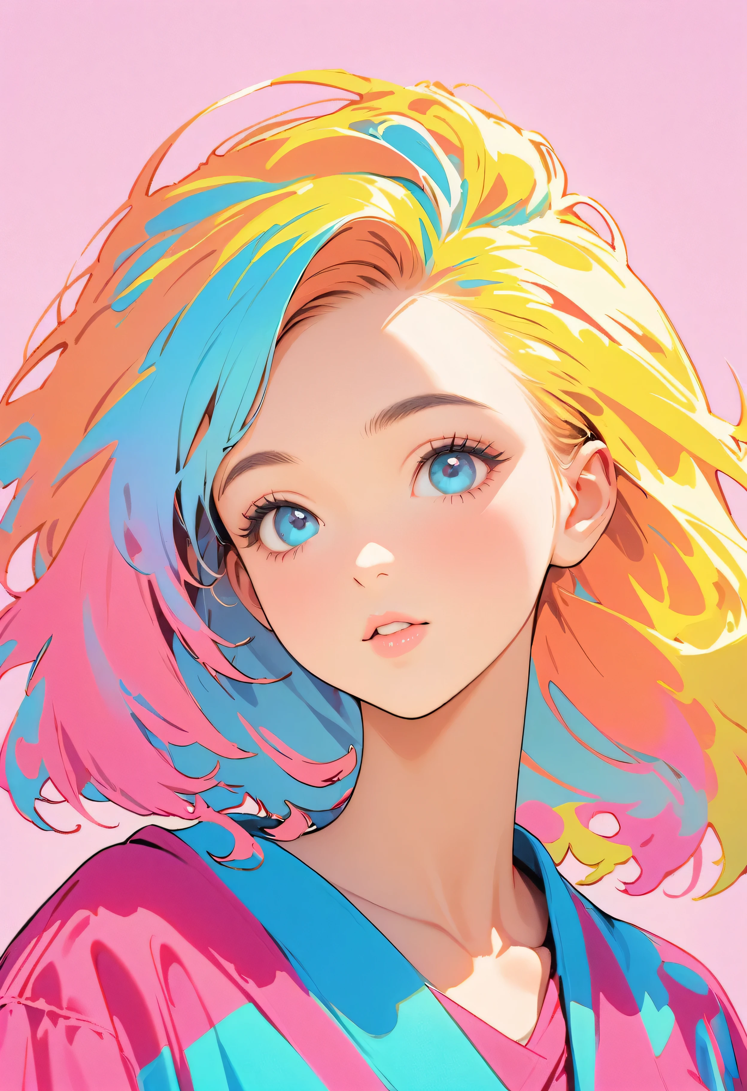 (Highest quality:1.2, City Pop Style, Very detailed, Latest, Vibrant, High Contrast, masterpiece:1.2, Highest quality, Best aesthetics), , ((Face Up Shot:1.4)), Colorful Hair, pastel colour, 1980s style, ((Retro, Vintage, Plain background)), dynamic