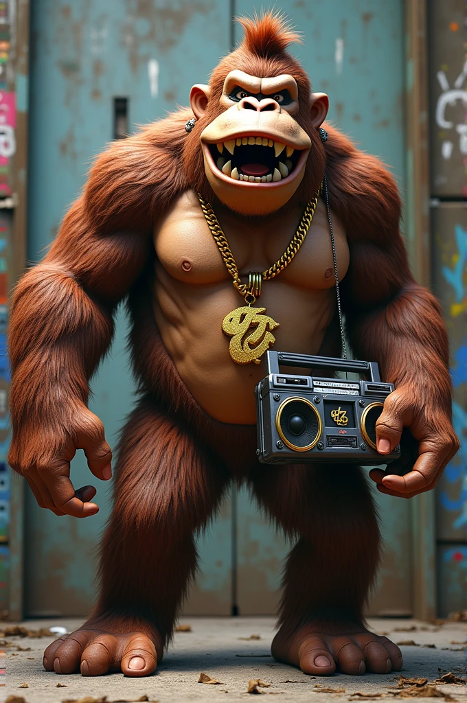 A donkey kong looking sasquatch with a boombox and a big gold chain with the letters "ꭶꭺꭶꭶÿ" on it in graffiti style font.