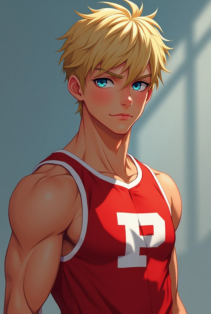 He is a teenager with an athletic male body, a toned and sculpted body, straight blonde hair, a toned and muscular body and hair thrown to the side, which is a great charm for women., piercing gaze and the color of his blue eyes picina, man's face and impeccable posture and wears a uniform with red and white on the team jacket and an acronym of the school's name is the letter P for team like the United States, but he likes to run after those who don't want him!. Show me in a more realistic way and in human form. With a half chad face.